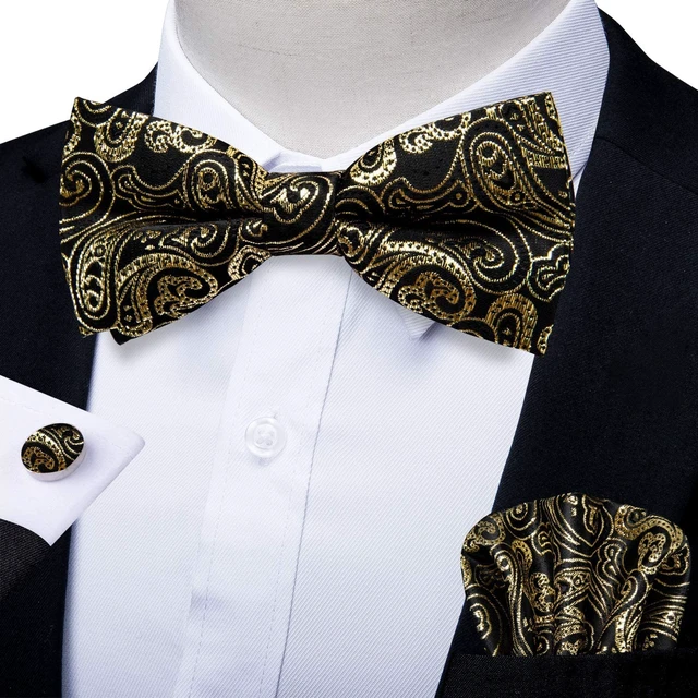 Alt view image 2 of 7 - Silk Bow Tie Pre Tied Bowtie Set for Men In Gift Box,Gold | 4PCS,Classic Paisley Pattern,Mens Bow Ties,Easy to Match,Elegant,Pocket Square,Cufflinks,Wedding,Party,Banquet,Dinner,Prom