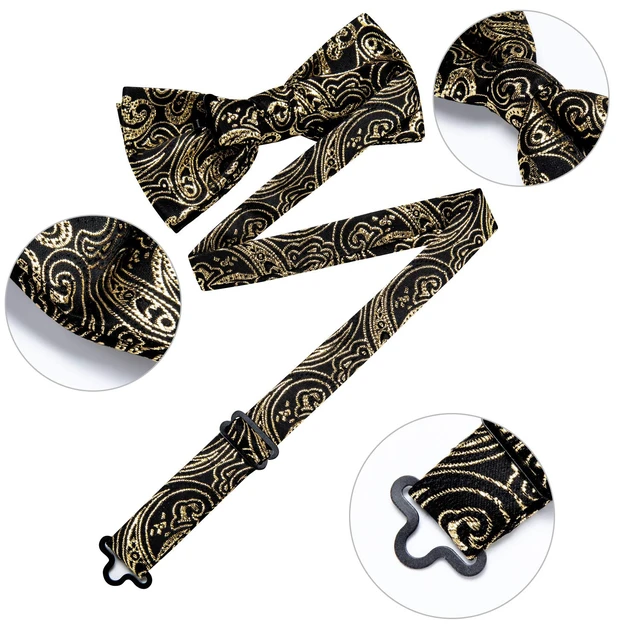 Alt view image 5 of 7 - Silk Bow Tie Pre Tied Bowtie Set for Men In Gift Box,Gold | 4PCS,Classic Paisley Pattern,Mens Bow Ties,Easy to Match,Elegant,Pocket Square,Cufflinks,Wedding,Party,Banquet,Dinner,Prom