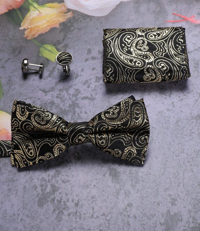 Alt view image 6 of 7 - Silk Bow Tie Pre Tied Bowtie Set for Men In Gift Box,Gold | 4PCS,Classic Paisley Pattern,Mens Bow Ties,Easy to Match,Elegant,Pocket Square,Cufflinks,Wedding,Party,Banquet,Dinner,Prom