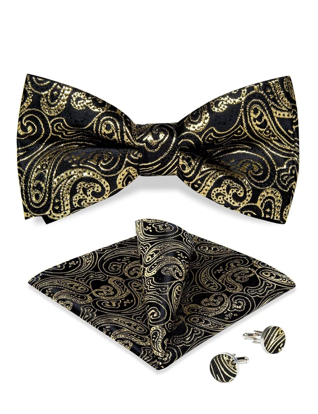 Alt view image 7 of 7 - Silk Bow Tie Pre Tied Bowtie Set for Men In Gift Box,Gold | 4PCS,Classic Paisley Pattern,Mens Bow Ties,Easy to Match,Elegant,Pocket Square,Cufflinks,Wedding,Party,Banquet,Dinner,Prom