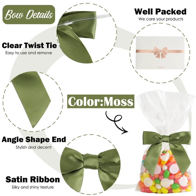 Alt view image 3 of 7 - Twist Tie Bows for Treat Bags 3.5" Moss Green Satin Ribbon for Crafts, Cake Pop, Candy Apple, Gift Wrapping, Christmas Wedding Decor - 50 PCs