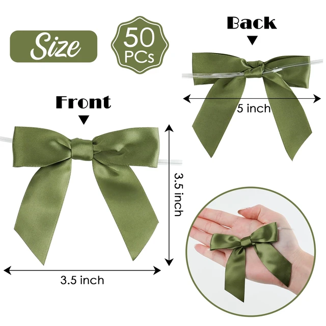 Alt view image 2 of 7 - Twist Tie Bows for Treat Bags 3.5" Moss Green Satin Ribbon for Crafts, Cake Pop, Candy Apple, Gift Wrapping, Christmas Wedding Decor - 50 PCs