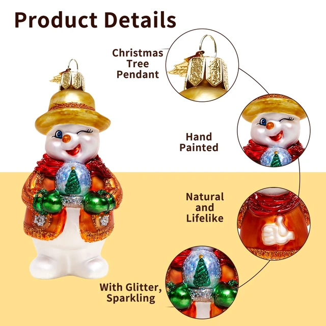 Alt view image 3 of 6 - Christmas Ornaments,Hand-Blown Glass Snowman Ornament for Tree | Snowman Collection Figurine Hanging Ornaments, Christmas Decorations for Xmas Tree Holiday Party Home Gifts