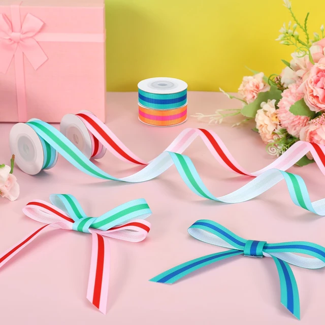 Alt view image 4 of 7 - Stripe Grosgrain Ribbon 0.6 Inch Summer Colorful Fabric Wrapping Ribbon for Pride Day Spring Holiday Gift Cake Present Wrapping DIY Crafts Wreath Hair Bow Making Supplies, 4 Rolls, 20 Yard