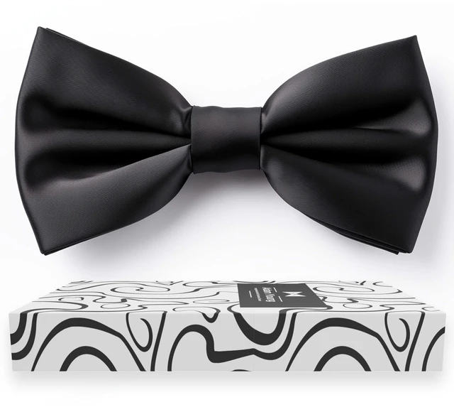 Main image of Men's Black Bow Tie Pre-Tied Style Formal Satin Classic Bowtie for Tuxedo Faux Silk (Large, Black)