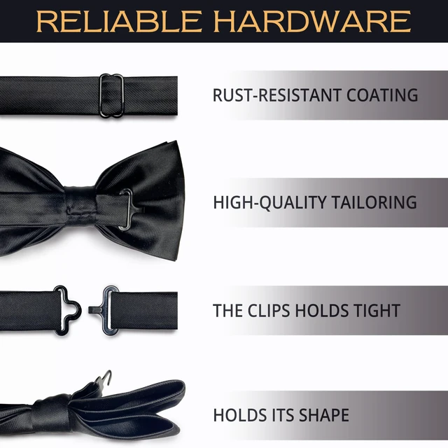 Alt view image 5 of 5 - Men's Black Bow Tie Pre-Tied Style Formal Satin Classic Bowtie for Tuxedo Faux Silk (Large, Black)