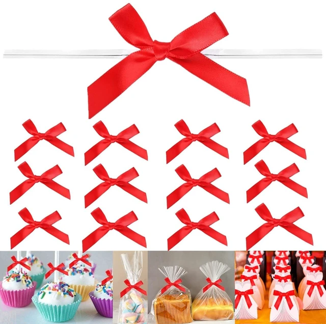 Main image of 100 Pieces Red Bow Twist Ties for Bags, Satin Twist Tie Bows for Cake Pops, Twist Bows for Treats, Pre Tied Bows for Gifts Wrapping, Ribbon Bows, Pretied Bows Ties for Christmas Gift Wrap Bows