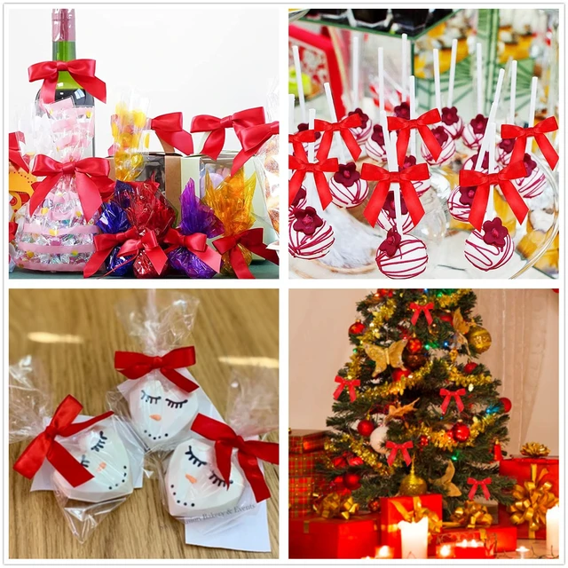 Alt view image 5 of 6 - 100 Pieces Red Bow Twist Ties for Bags, Satin Twist Tie Bows for Cake Pops, Twist Bows for Treats, Pre Tied Bows for Gifts Wrapping, Ribbon Bows, Pretied Bows Ties for Christmas Gift Wrap Bows