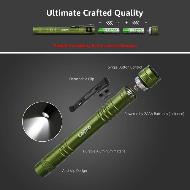 Alt view image 6 of 7 - LED Pen Flashlights, 2 Pack Mini Waterproof with Clip | Lightweight, portable pocket flashlight with clip. Ideal for inspection, work, and emergency. AAA batteries included.