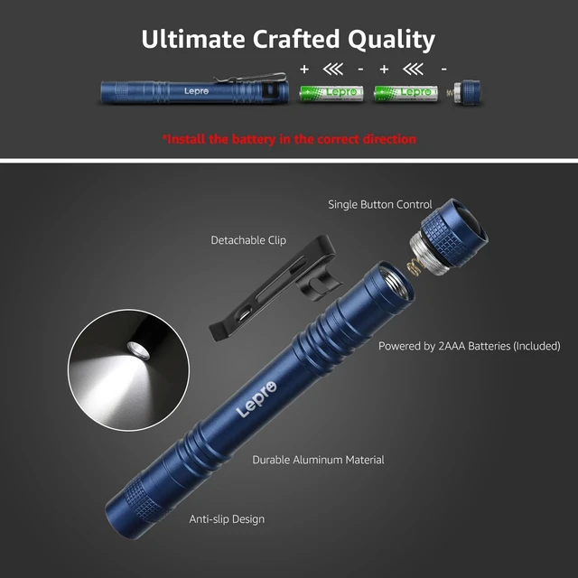 Alt view image 6 of 7 - LED Pen Flashlights, 2 Pack Mini Waterproof with Clip | Lightweight, portable pocket flashlight with clip. Ideal for inspection, work, and emergency. AAA batteries included.