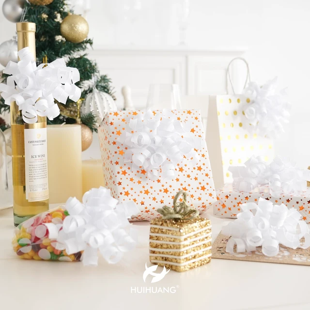 Alt view image 3 of 7 - White Bows for Gift Wrapping, White Curly Ribbon Bows Self Adhesive Burst Gift Bow for Christmas Presents, Wine Bottle, Treat Bags, Bridal Shower Wedding Party Favor - 6 Counts