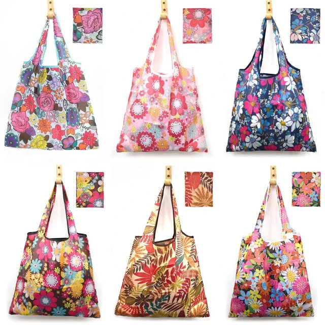 Main image of 6 Pcs Set Reusable Grocery Bags, Foldable Shopping Bags, Large Groceries Bags with Pouch Bulk, Ripstop, Easy CarryingWaterproof, Eco-Friendly, Machine Washable Nylon Tote Bag (Shiny Flowers)
