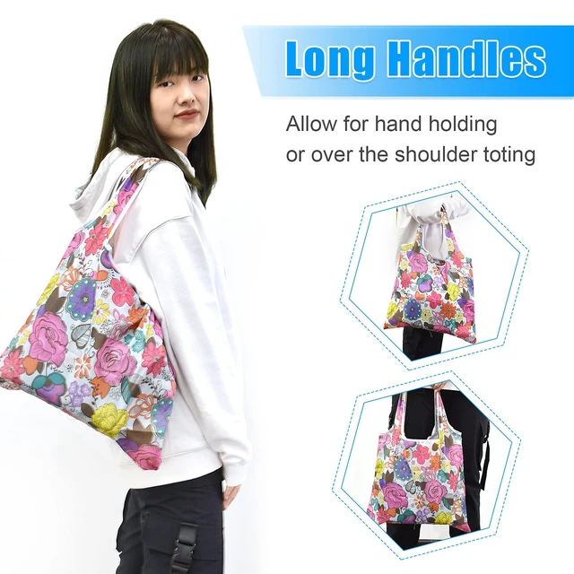Alt view image 3 of 5 - 6 Pcs Set Reusable Grocery Bags, Foldable Shopping Bags, Large Groceries Bags with Pouch Bulk, Ripstop, Easy CarryingWaterproof, Eco-Friendly, Machine Washable Nylon Tote Bag (Shiny Flowers)