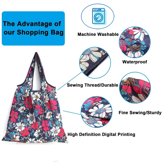Alt view image 4 of 5 - 6 Pcs Set Reusable Grocery Bags, Foldable Shopping Bags, Large Groceries Bags with Pouch Bulk, Ripstop, Easy CarryingWaterproof, Eco-Friendly, Machine Washable Nylon Tote Bag (Shiny Flowers)
