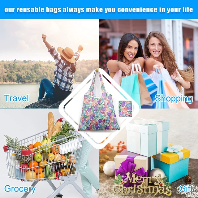 Alt view image 5 of 5 - 6 Pcs Set Reusable Grocery Bags, Foldable Shopping Bags, Large Groceries Bags with Pouch Bulk, Ripstop, Easy CarryingWaterproof, Eco-Friendly, Machine Washable Nylon Tote Bag (Shiny Flowers)