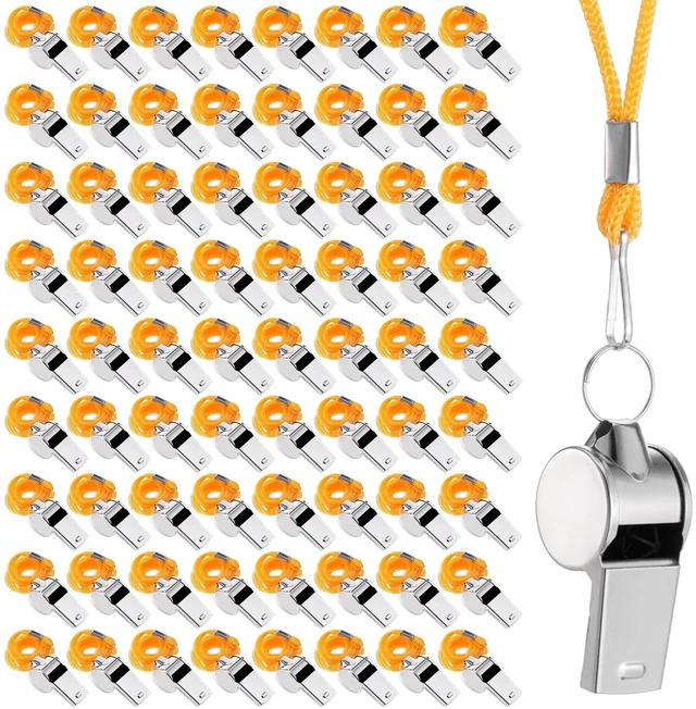 Main image of 100 Pcs Stainless Steel Whistle with Lanyard, Whistles Bulk | Metal Referee Whistles Loud Sound for Coaches, Sports, Police, Emergency, Camping, Outdoor Activities