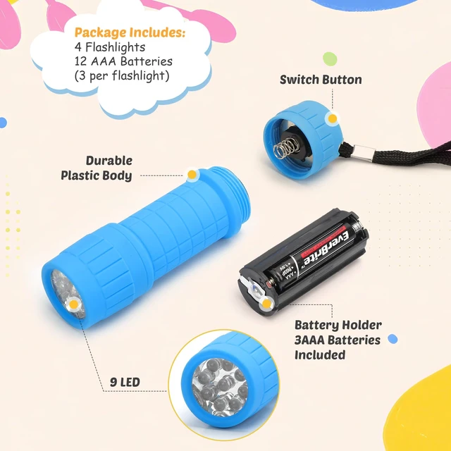 Alt view image 4 of 7 - 4Pack 9LED Mini Flashlights, 12 AAA Batteries Included | Small Flashlight in 4 Assorted Colors,Fun and Portable for Camping, Emergencies, and Bulk Holiday Gifts