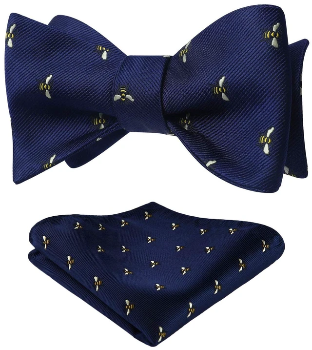 Main image of Men's Bee Pattern Self Bow Tie And Pocket Square Set Wedding Party Accessories,Navy Blue & Yellow,One Size