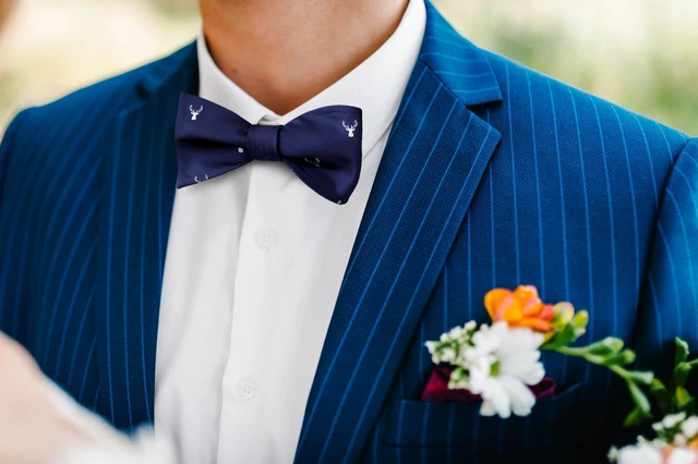 Alt view image 2 of 7 - Men's Bee Pattern Self Bow Tie And Pocket Square Set Wedding Party Accessories,Navy Blue & Yellow,One Size