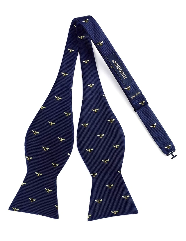 Alt view image 6 of 7 - Men's Bee Pattern Self Bow Tie And Pocket Square Set Wedding Party Accessories,Navy Blue & Yellow,One Size