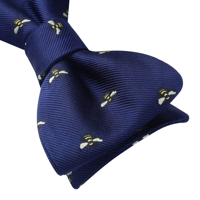 Alt view image 5 of 7 - Men's Bee Pattern Self Bow Tie And Pocket Square Set Wedding Party Accessories,Navy Blue & Yellow,One Size