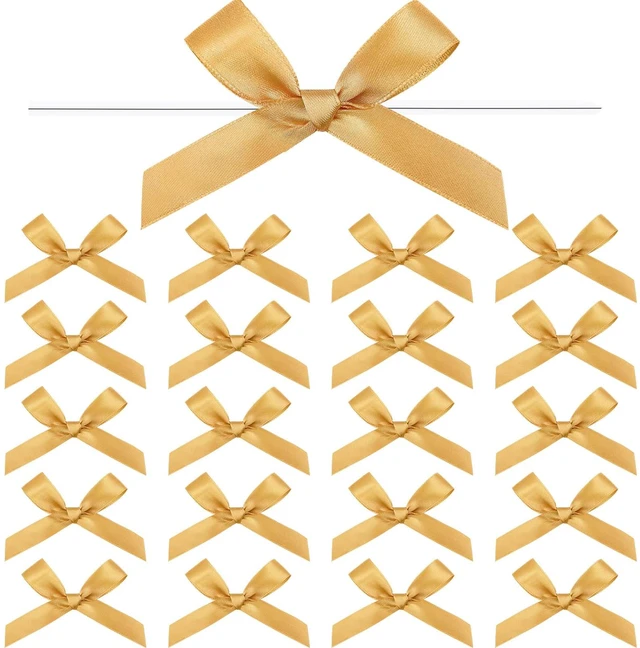Main image of 100 Pcs 2.6" Solid Gold Mini Twist Tie Bows Pretied Satin Bows | Small Ribbon Bow Bulk, Craft DIY for Gift Wrapping, Cake Pop, Candy Bag, Wedding Birthday Christmas Party Favor Decoration