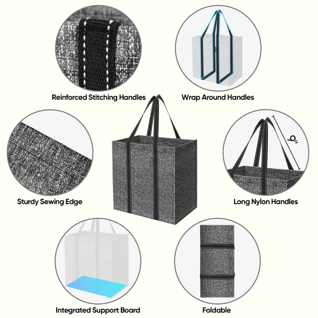 Alt view image 3 of 7 - 2 PK Grocery Bags Reusable Shopping Bags with Reinforced Bottom, Heavy Duty Foldable Tote Bags (Grey)