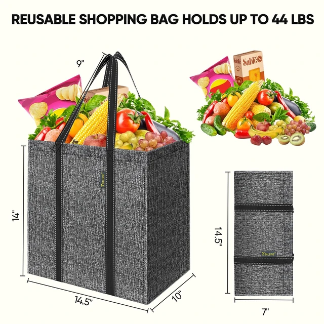 Alt view image 2 of 7 - 2 PK Grocery Bags Reusable Shopping Bags with Reinforced Bottom, Heavy Duty Foldable Tote Bags (Grey)
