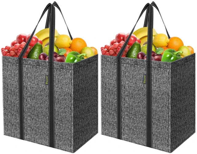Main image of 2 PK Grocery Bags Reusable Shopping Bags with Reinforced Bottom, Heavy Duty Foldable Tote Bags (Grey)