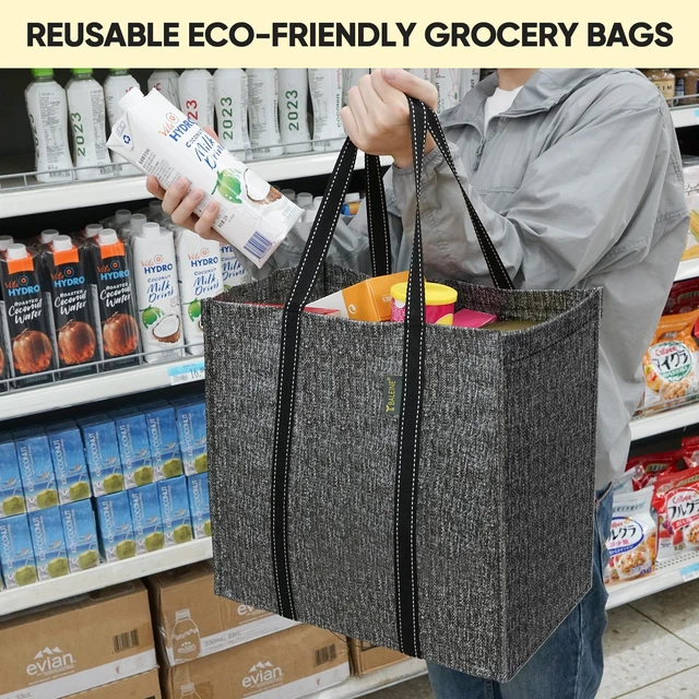 Alt view image 6 of 7 - 2 PK Grocery Bags Reusable Shopping Bags with Reinforced Bottom, Heavy Duty Foldable Tote Bags (Grey)