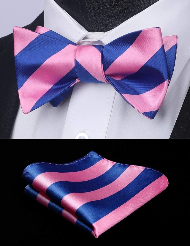 Alt view image 3 of 7 - Bow Ties for Men Pink Bow Tie Self Tie Bowtie Handkerchief Set Formal Tuxedo Blue Stripe Bowties & Pocket Square Wedding