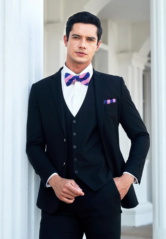 Alt view image 2 of 7 - Bow Ties for Men Pink Bow Tie Self Tie Bowtie Handkerchief Set Formal Tuxedo Blue Stripe Bowties & Pocket Square Wedding