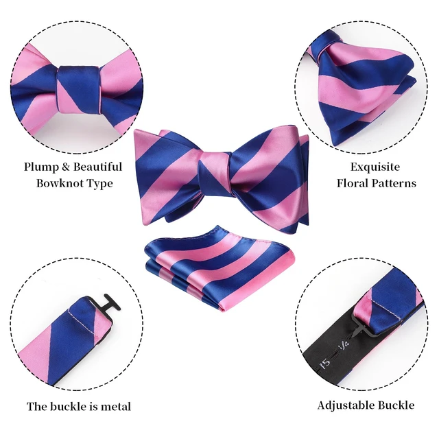 Alt view image 5 of 7 - Bow Ties for Men Pink Bow Tie Self Tie Bowtie Handkerchief Set Formal Tuxedo Blue Stripe Bowties & Pocket Square Wedding
