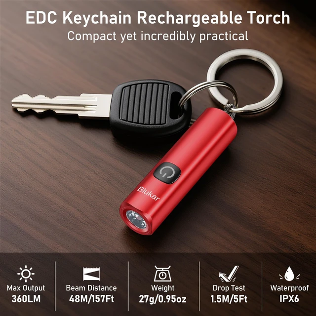 Alt view image 2 of 7 - EDC Rechargeable Keychain Flashlight, 360L Mini Portable Flash Light | 3 Lighting Modes, Memory Function, Waterproof, Compact Pocket Light for Everyday Carry, Emergency, Camping, Outdoor-Red