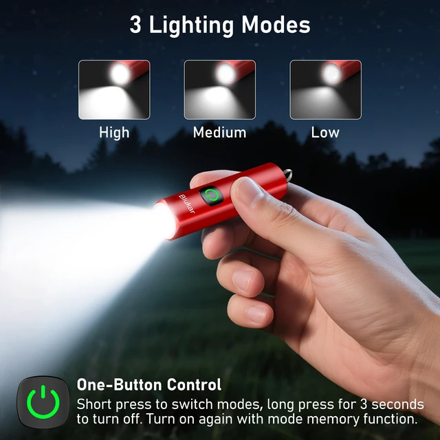 Alt view image 4 of 7 - EDC Rechargeable Keychain Flashlight, 360L Mini Portable Flash Light | 3 Lighting Modes, Memory Function, Waterproof, Compact Pocket Light for Everyday Carry, Emergency, Camping, Outdoor-Red