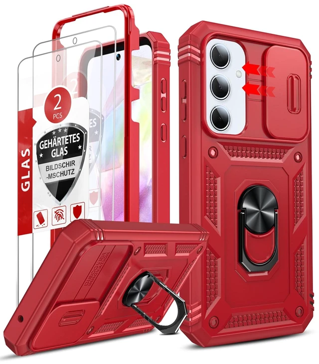 Main image of Compatible for Samsung Galaxy A35-5G Case: Galaxy A35 5G Phone Case with Screen Protector X2, Camera Cover & Magnetic Satnd, Full Body Protection Cell Android Funda para Samsung A 35 5G, Red