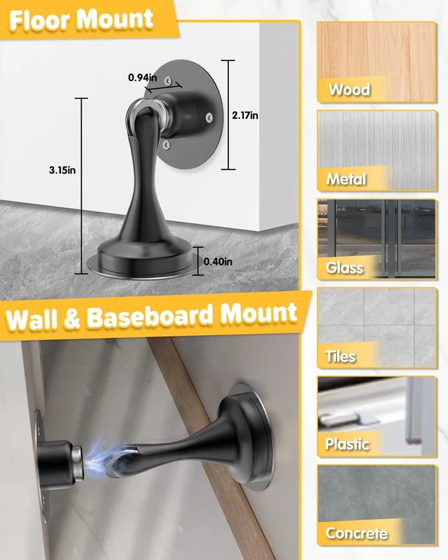 Alt view image 3 of 7 - Door Stoppers Magnetic Door Catch 2 Pack Stainless Steel Magnetic Door Stop | Magnetic Door Stopper Door Holder Heavy Duty No Drill Adhesive Tapes Screws Strong Magnet Keep Door Open Wall Floor Mount