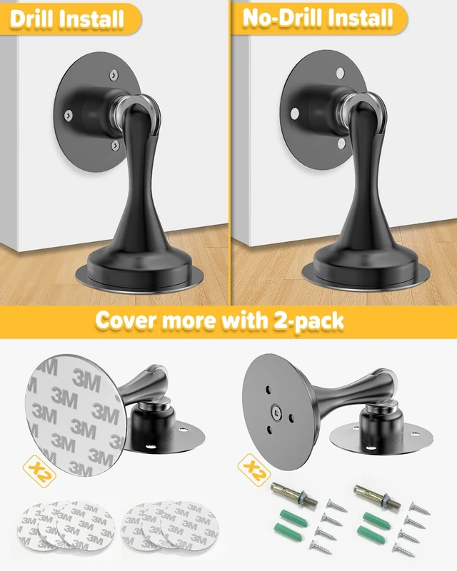Alt view image 4 of 7 - Door Stoppers Magnetic Door Catch 2 Pack Stainless Steel Magnetic Door Stop | Magnetic Door Stopper Door Holder Heavy Duty No Drill Adhesive Tapes Screws Strong Magnet Keep Door Open Wall Floor Mount