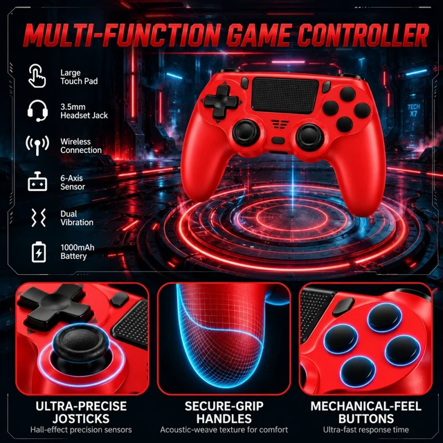 Alt view image 5 of 7 - Wireless Controller for PS4 Controller, Gamepad with Dual Vibration | 1000mAh, Six-axis Gyroscope Sensor, USB-C Port, Speaker, 3.5mm Headphone Jack, Touchpad, Compatible with PS4/Slim/Pro/PC