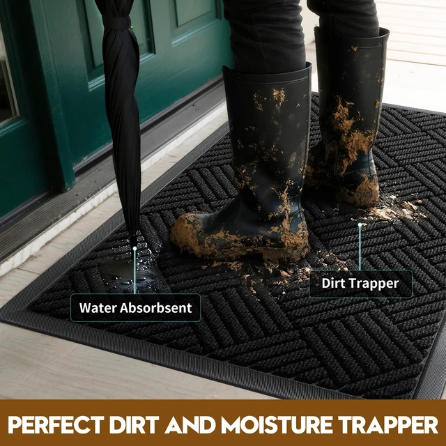 Alt view image 3 of 7 - Front Door Mat, Heavy Duty Non-Slip Doormat 29.5"x17", Black | Dirt Trapper Absorbent Low Profile Welcome Mat, Indoor/Outdoor Entryway, Stain & Fade Resistant, Rubber Backing, Easy Clean