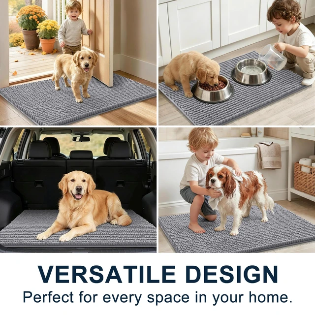 Alt view image 7 of 7 - Dog Door Mat for Muddy Paws 30x20, Ultra Absorbent Chenille Doormat | Grey, Dirt-Trapping, Non-Slip, Machine Washable, Quick-Drying Front Door Mat for Dogs and Indoor Entryways