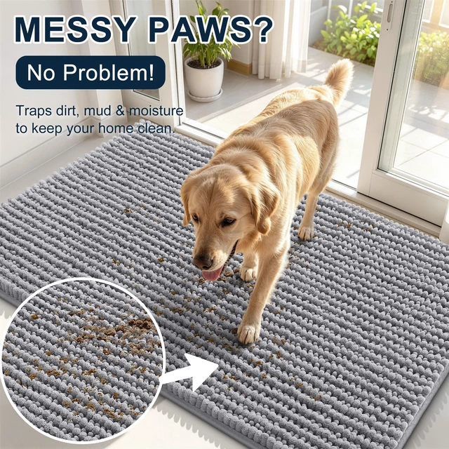 Alt view image 5 of 7 - Dog Door Mat for Muddy Paws 30x20, Ultra Absorbent Chenille Doormat | Grey, Dirt-Trapping, Non-Slip, Machine Washable, Quick-Drying Front Door Mat for Dogs and Indoor Entryways
