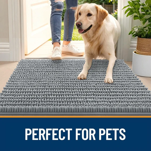 Alt view image 6 of 7 - Dog Door Mat for Muddy Paws 30x20, Ultra-Absorbent Chenille Mud Mat | Grey, Absorbs Moisture and Dirt, Non-Slip Washable Doormat, Quick-Drying Indoor Entryway Floor Carpet for Dogs and Muddy Paws