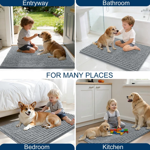 Alt view image 7 of 7 - Dog Door Mat for Muddy Paws 30x20, Ultra-Absorbent Chenille Mud Mat | Grey, Absorbs Moisture and Dirt, Non-Slip Washable Doormat, Quick-Drying Indoor Entryway Floor Carpet for Dogs and Muddy Paws