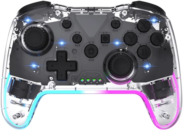 Main image of Wireless RGB Gaming Controller Transparent for Nintendo Switch,Lag Free Gamepad 3 Level Turbo,3 Speed Dual Vibration, 6-Axis Gyro Motion,360°Rocker,Wake Up,600mAh, 7 Diy Lighting (Clear)