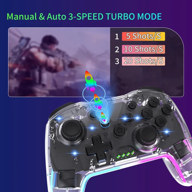 Alt view image 2 of 7 - Wireless RGB Gaming Controller Transparent for Nintendo Switch,Lag Free Gamepad 3 Level Turbo,3 Speed Dual Vibration, 6-Axis Gyro Motion,360°Rocker,Wake Up,600mAh, 7 Diy Lighting (Clear)
