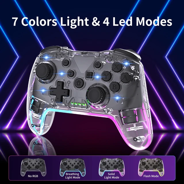 Alt view image 4 of 7 - Wireless RGB Gaming Controller Transparent for Nintendo Switch,Lag Free Gamepad 3 Level Turbo,3 Speed Dual Vibration, 6-Axis Gyro Motion,360°Rocker,Wake Up,600mAh, 7 Diy Lighting (Clear)