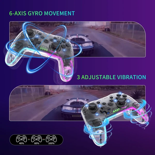 Alt view image 3 of 7 - Wireless RGB Gaming Controller Transparent for Nintendo Switch,Lag Free Gamepad 3 Level Turbo,3 Speed Dual Vibration, 6-Axis Gyro Motion,360°Rocker,Wake Up,600mAh, 7 Diy Lighting (Clear)