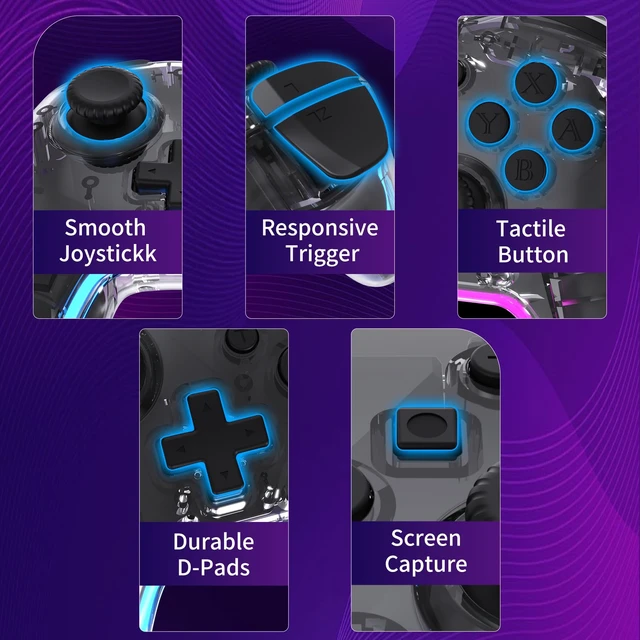 Alt view image 5 of 7 - Wireless RGB Gaming Controller Transparent for Nintendo Switch,Lag Free Gamepad 3 Level Turbo,3 Speed Dual Vibration, 6-Axis Gyro Motion,360°Rocker,Wake Up,600mAh, 7 Diy Lighting (Clear)