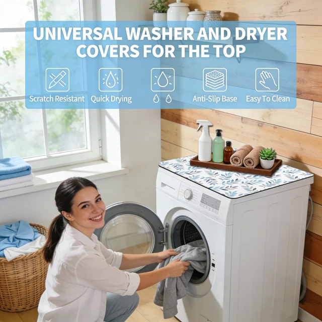 Alt view image 4 of 7 - Leaf Aesthetics Washer and Dryer Covers for the Top, Plants Theme Washer Protector Mat Non-slip for Countertop, 23.6" x 19.7" Dust-proof for Laundry Room Kitchen